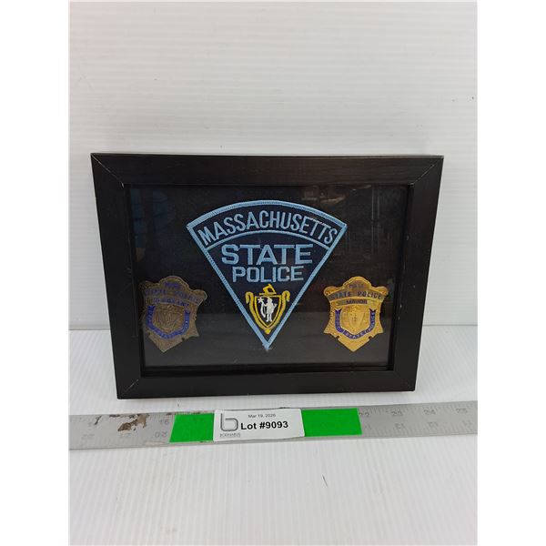 Framed Massachusetts State Police Shoulder Patch & Badges 9" x 7.25"