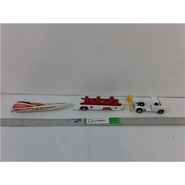 Diecast Matchbox Ford A Series Model Truck, Embassy Trailer & Racing Boat