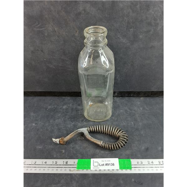 Vintage Stove Lifter & Milk Glass Bottle