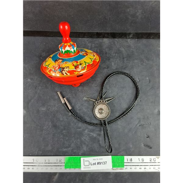 Vintage Bolo Tie, Tin Spinning Top Toy