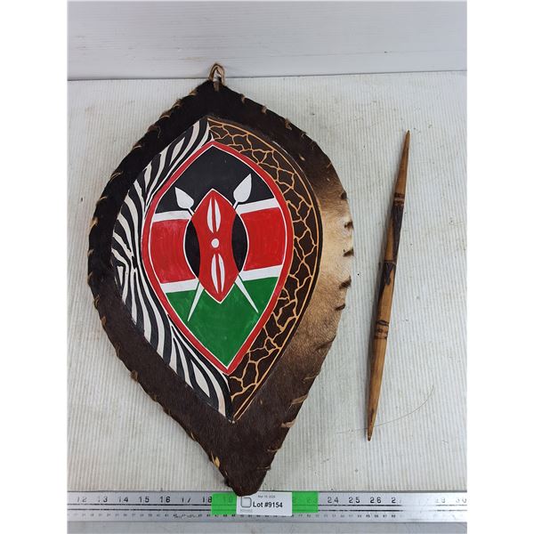 Hand Painted Kenyan Shield & Wooden Spear Wall Hanging Souvenir