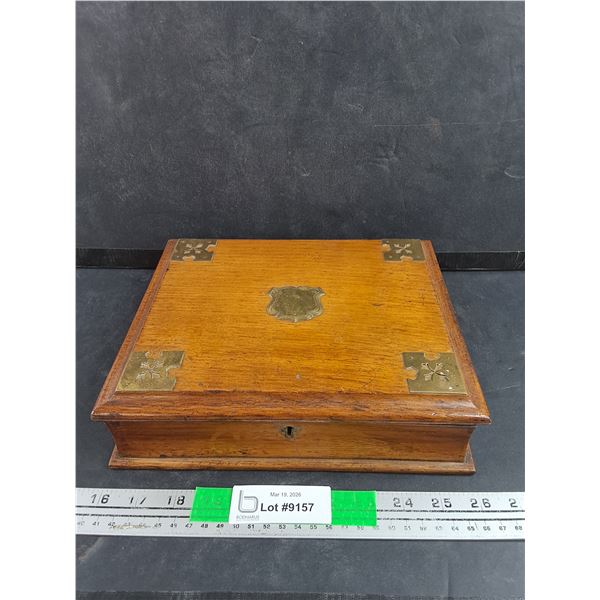 Vintage Wood & Brass Locking Jewelry Box 10" x 8" x 2", No Key