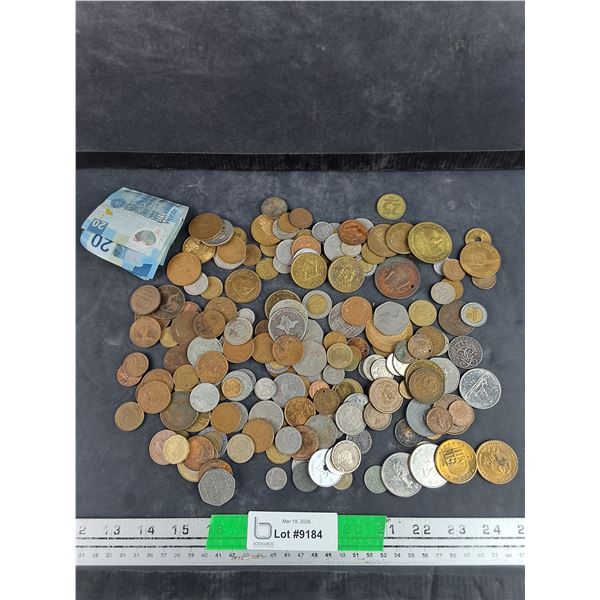 Assorted Coins & (3) 20 Mexican Peso Banknotes