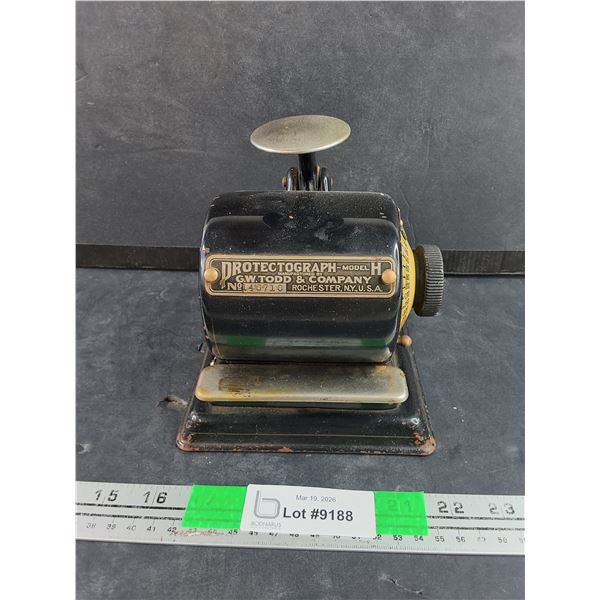 Vintage G.W.Todd & Company Protectograph Model H, As Is