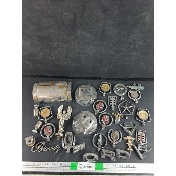 Assorted Vintage Hood Ornaments, Badges, Chrome Kaiser Car Ashtray