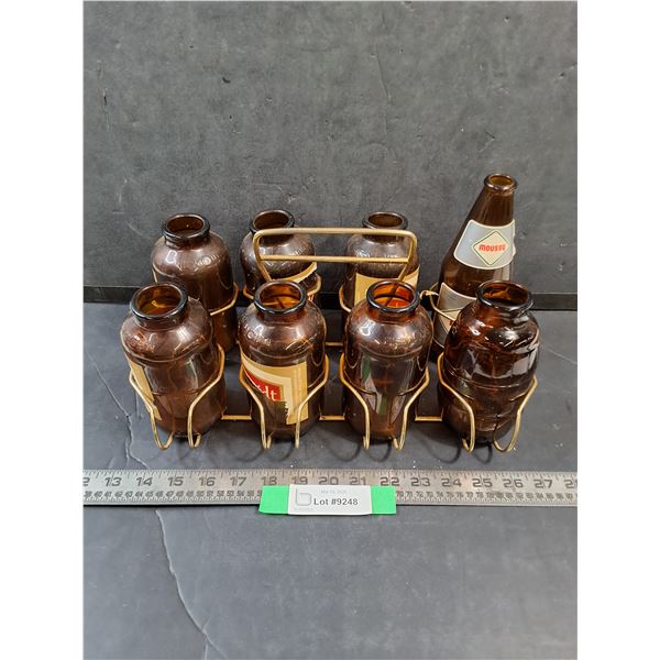 Vintage Metal Bottle Carrier, 13.5" x 8" x 7" w/ (8) Various Beer Bottles