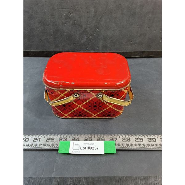 Vintage Red Plaid Tin Lunchbox, 7" x 5" x 4" w/ Various Geometry Supplies