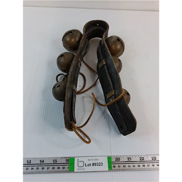Vintage Brass Sleigh Bells Mounted on Leather Strap