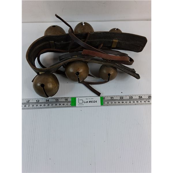 Vintage Brass Sleigh Bells Mounted on Leather Strap