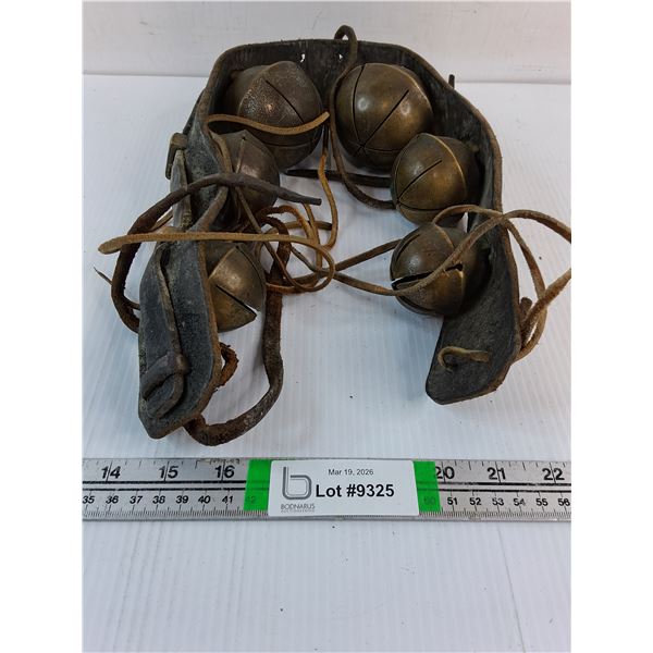 Vintage Brass Sleigh Bells Mounted on Leather Strap