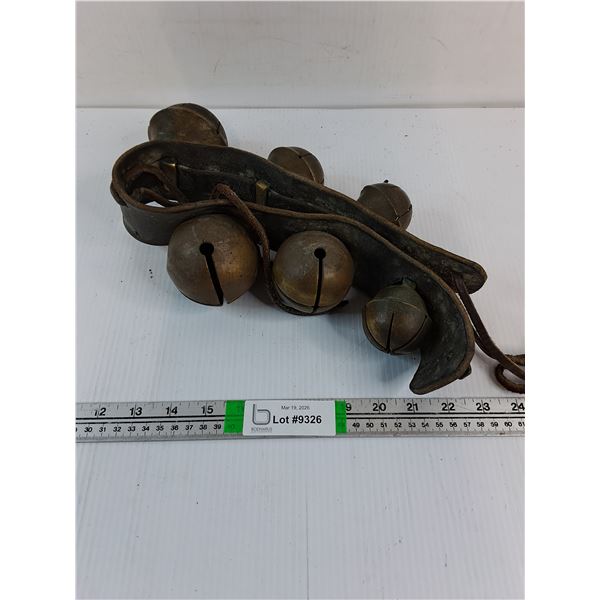 Vintage Brass Sleigh Bells Mounted on Leather Strap