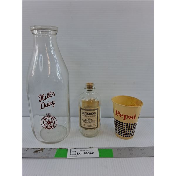 Vintage Glass Hill's Dairy & Listerine Bottles Up to 10", Paper Pepsi Cup