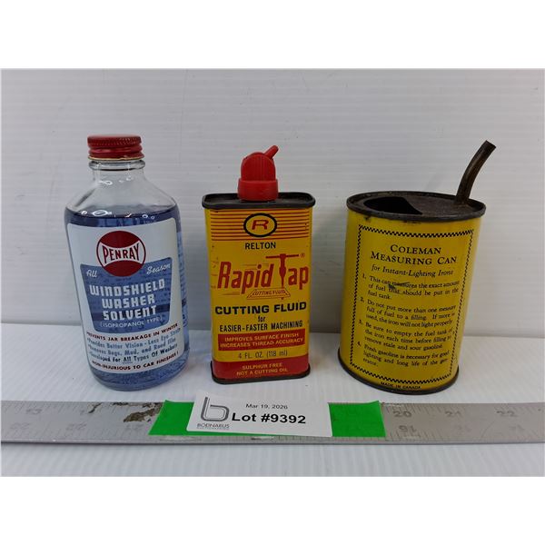 Coleman Measuring Can, Rapid Tap Cutting Fluid Containers- Both Empty & Penray Winshield Washer Solv