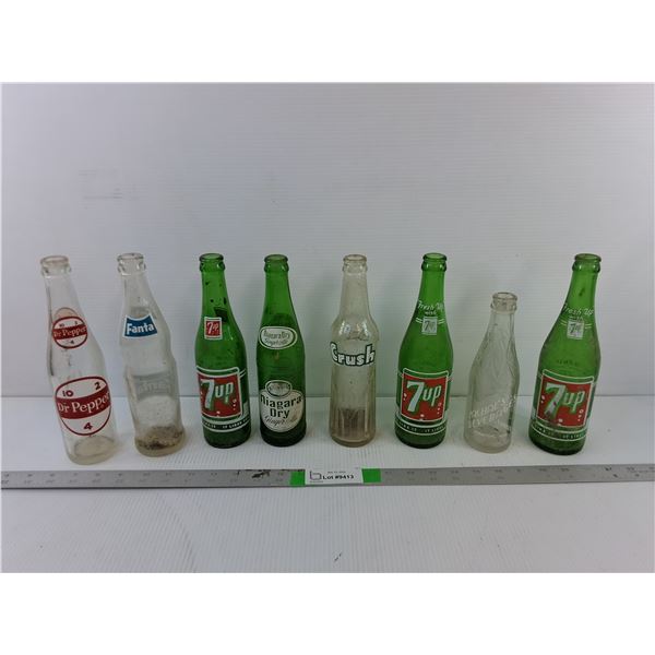 (8) Vintage Glass Pop Bottles Up to 9.5"- Fanta, 7Up, Crush, Misc.