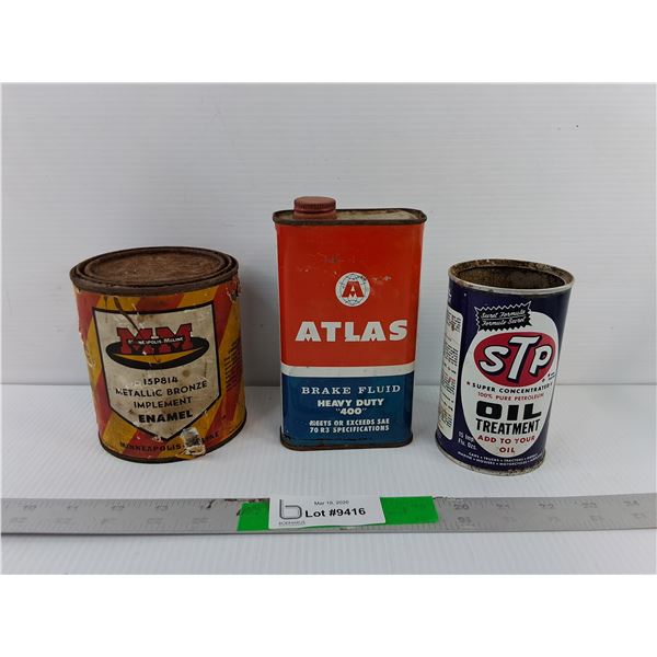 Atlas Brake Fluid & STP Oil Treatment Tins- Empty & Metallic Bronze Implement Enamel- Full, Cannot S