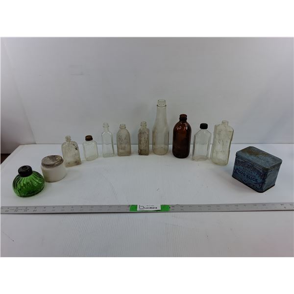 Vintage Glass Bottles Up to 8.5", Inkwells & Edgeworth Tobacco Tin