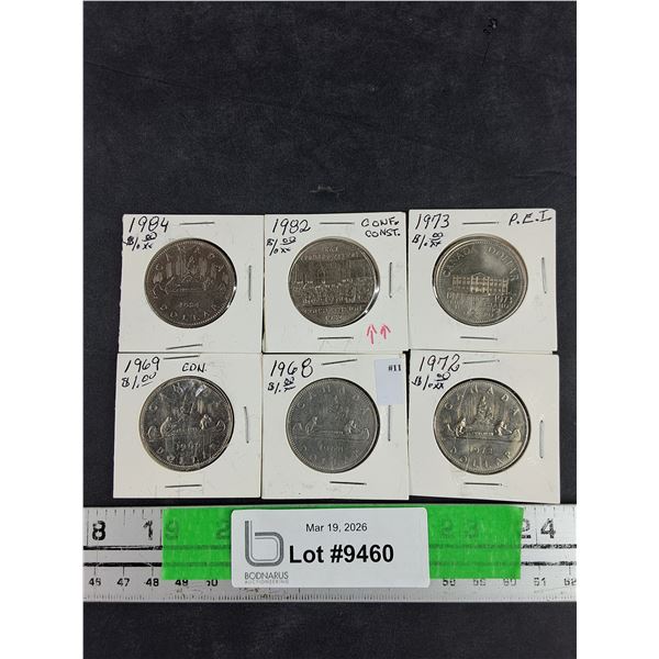 (6) $1 Dollar Coins - 1968 - 1973 (P.E.I.) 1982 & 1984 Confederation Constitution