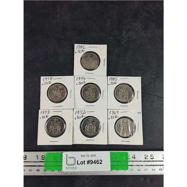 (7) $0.50 Cent Fifty Cents Coins - 1969, 1972 - 1974, 1978, 1985, 1986