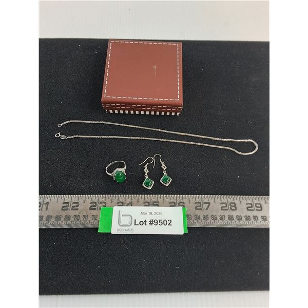 Silver 18" Necklace & "Green Stone" Ring & Ear Rings