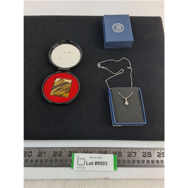 Bradford Exchange Silver 16" Chain Necklace w/Teardrop Pendant, Ladies Lighter/Compact Mirror Combo