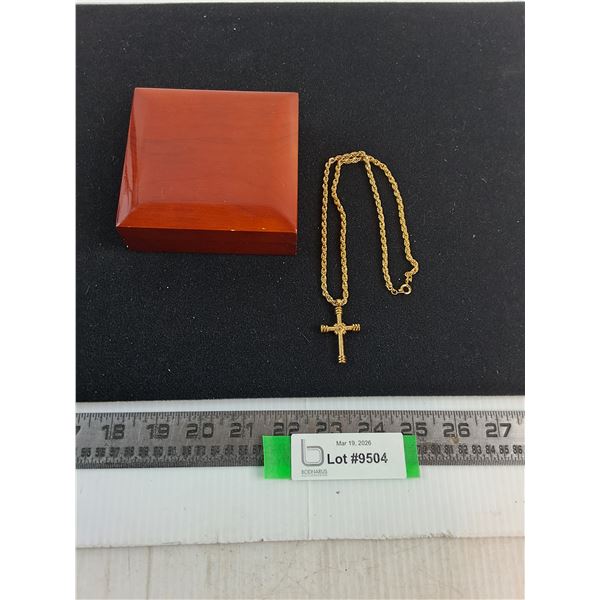 Gold Colored 19" Metal Chain w/Crucifix Pendant & Wooden Box