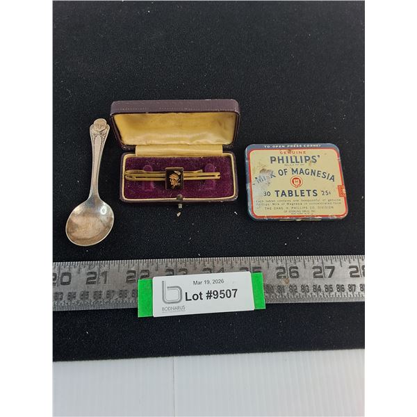 Vintage  Lot (Tie Clip, Phillips Tablet Tin, Gerber Baby Spoon)