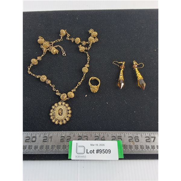 Vintage 28" Non-Magnetic Necklace & Ring, Metallic Brown Stone Ear Rings