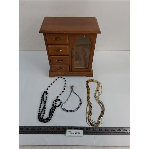 Wooden "Musical" Jewelry Case w/Contents