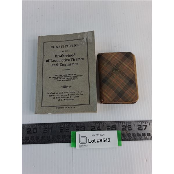 1932 "Brotherhood of Locomotive & Enginemen" Constitution, Antique Mini Robbie Burns Song Book