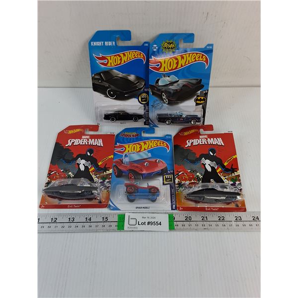 (5) NIB Hot Wheels Featuring Spiderman,Batman and Knight Rider