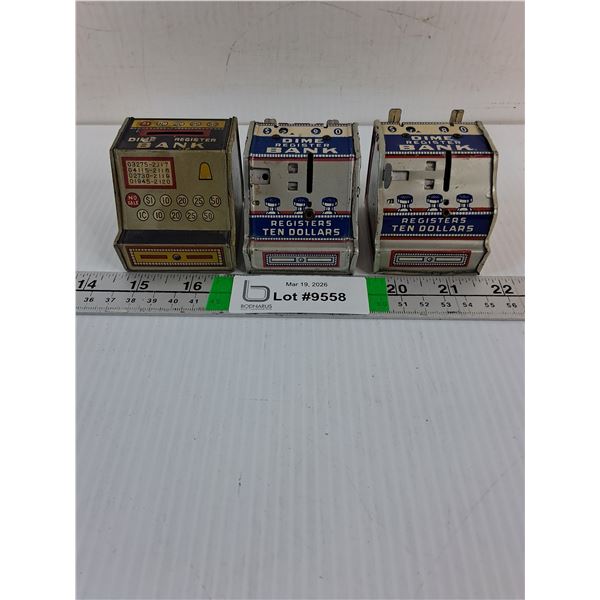 (3) Vintage Tin Litho Dime Register Banks-1950's-contains unknown number of dimes