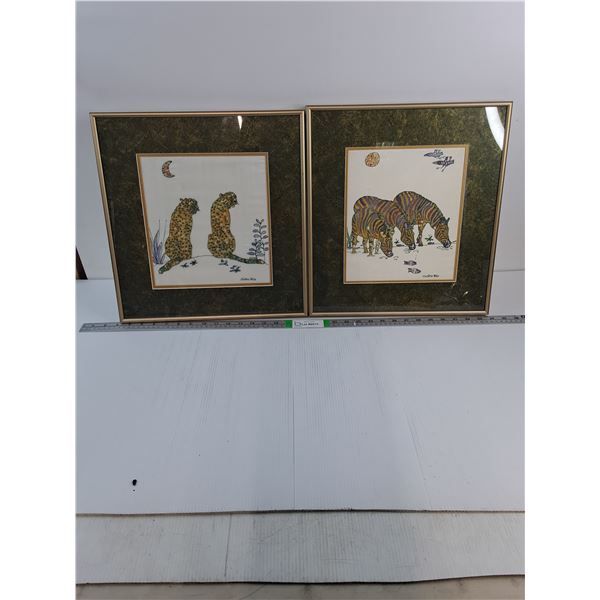 Pair of Framed Art Prints Featuring Leopards and Zebras-16"x16"