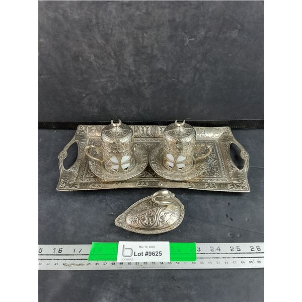 Ornate Silver Tone Turkish Coffee Cup Set w/Tray & Swan Dish