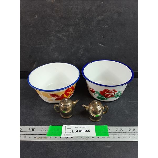Silver Salt & Pepper Shakers, (2) 5" Vintage Enamel Bowls