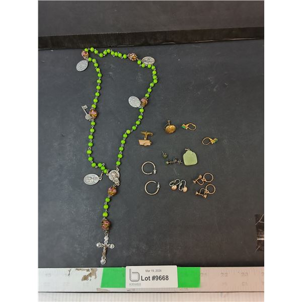 Vintage Glass Bead Rosary & Miscellaneous Jewelry