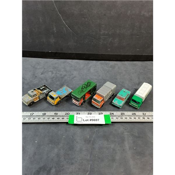 (6) Various Vintage Lesney Matchbox Cars, Leyland Petrol Tanker, Fiat 1500, misc