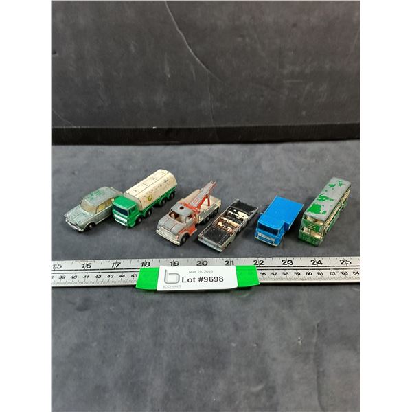 (6) Various Vintage Lesney Matchbox Cars, Site Hut Truck, Daimler Bus, misc