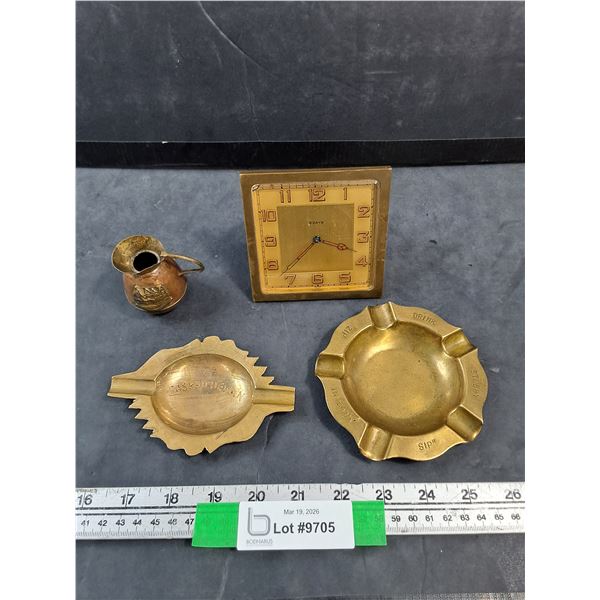 Vintage Brass Lot, Stubby Soda Advertising Ashtray, Brass Desk Clock, Misc, All As Is