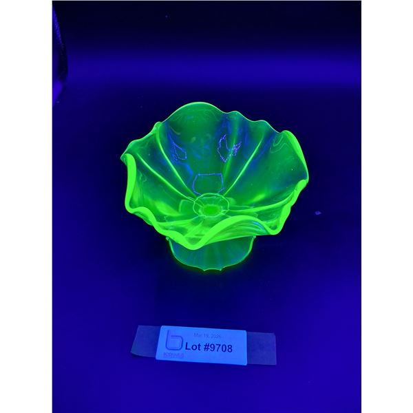 Vintage Uranium Glass Pedestal Bowl, 5" x 4", Small Chip On Base