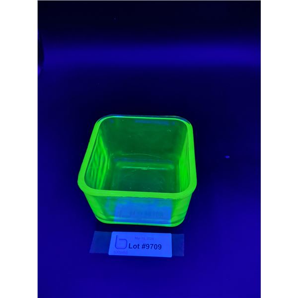 Vintage Uranium Glass Square Refrigerator Dish, 4.5" x 4.5" x 3", Some Small Flea Bites