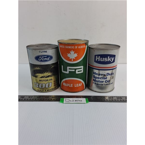 (3) Empty Oil Tins (Ford, UFA, Husky)
