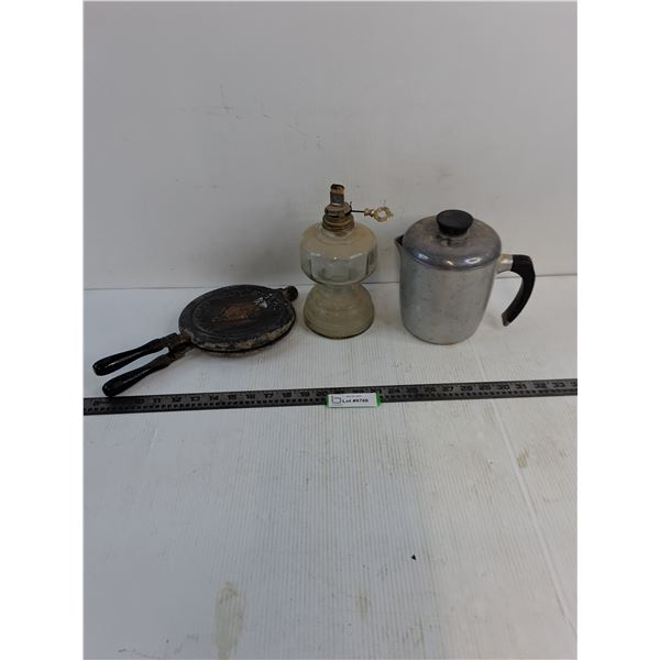Vintage Lot (Cast Iron Waffle Iron, Oil Lamp, Kettle)