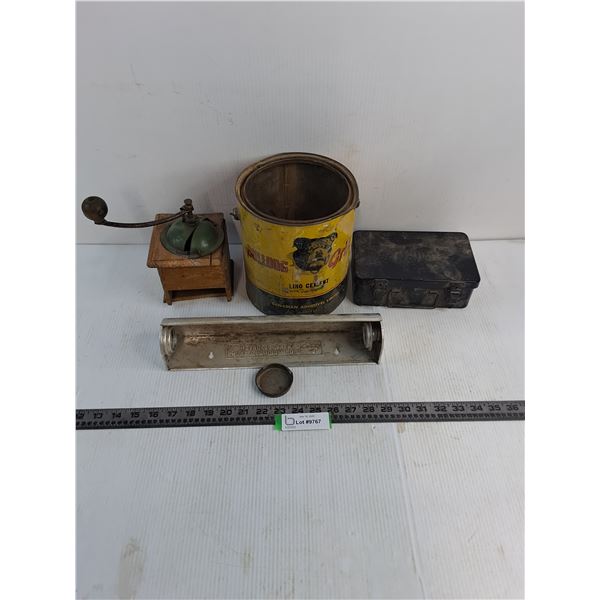 Vintage Lot (Coffee Grinder, Bulldog Lino Cement Tin, First Aid Box, Misc.)