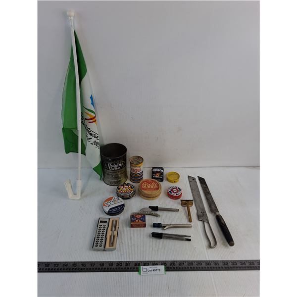 Vintage Tins, Knives, Curling Irons, Razor, Misc. - Cannot Ship