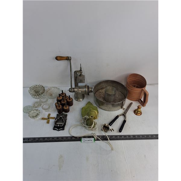 Vintage Lot (Meat Grinder, Sconce, Cake Pan, Sifter, Glass Light Fixtures, Misc.)