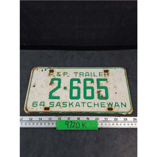 1964 Saskatchewan Four Digit Farm & Private Trailer License Plate