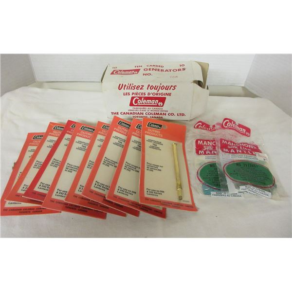 (R #1):  BOX C/W 7 NEW COLEMAN LANTERN GENERATORS & 2 NEW MANTLES
