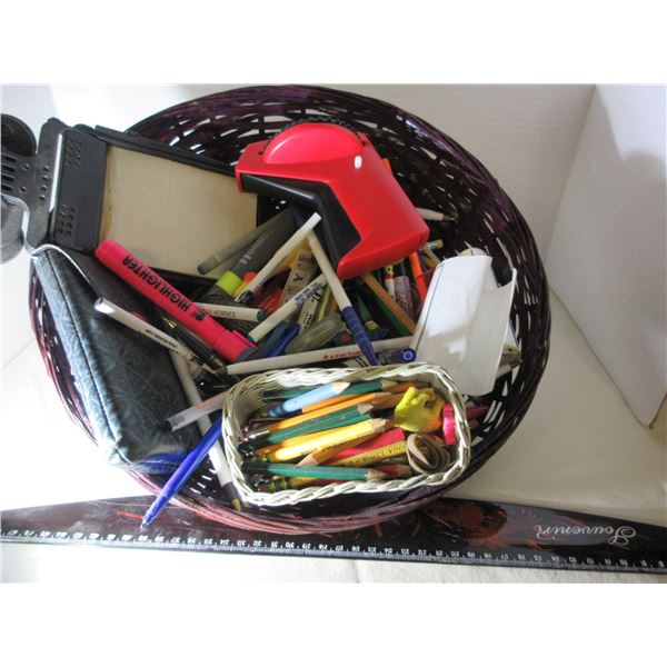 (R #1):  BASKET C/W ASSORTED OFFICE SUPPLIES, PENCILS, PENS, DYMO LABEL MACHINE, ETC