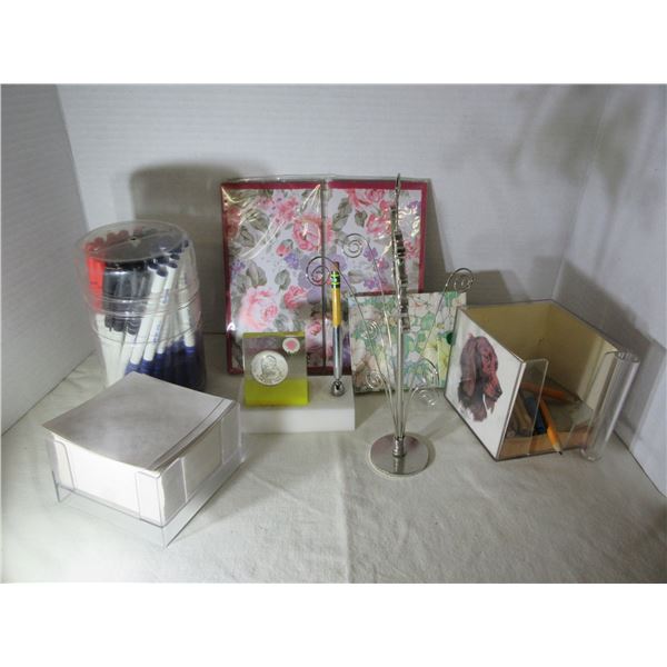 (R #1):  BUNDLE OF ASSORTED OFFICE SUPPLIES INCLUDING PENS, PHOTO HOLDER, MEMO CUBE, ETC