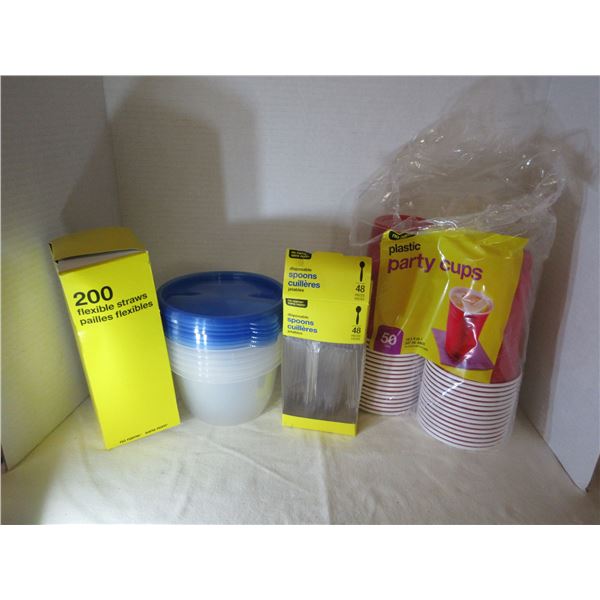 (R #1):  BOX C/W PLASTIC STORAGE CONTAINERS, RED SOLO CUPS, STRAWS, ETC